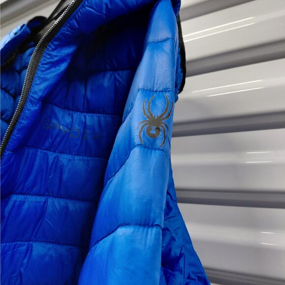 Spyder Mens Large Hooded Jacket Electric Blue Packable ThermoWeb Water Resistant - Picture 9 of 16
